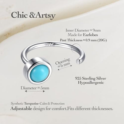 CHIC & ARTSY 925 Sterling Silver Half Hoop Earrings for Women, Dainty Huggie Hoops with Synthetic Opal, Moonstone, CZ & Gemstones, Lightweight Comfort Fit Everyday Elegant Jewelry - color: Turquoise/Silver