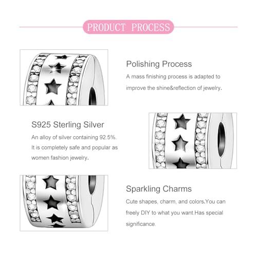 925 Sterling Silver Openable Clip Spacer Bead Fits Pandora Bracelet | Hypoallergenic Clip Stopper Charm, Star Clover Butterfly Floral Mom Heart Paved Zircon Gift for DIY Charm Bracelet Jewelry - color: Cutout Star