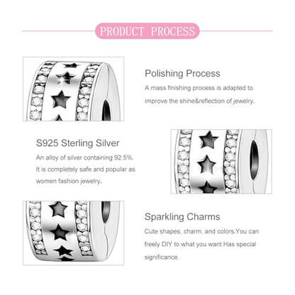 925 Sterling Silver Openable Clip Spacer Bead Fits Pandora Bracelet | Hypoallergenic Clip Stopper Charm, Star Clover Butterfly Floral Mom Heart Paved Zircon Gift for DIY Charm Bracelet Jewelry - color: Cutout Star