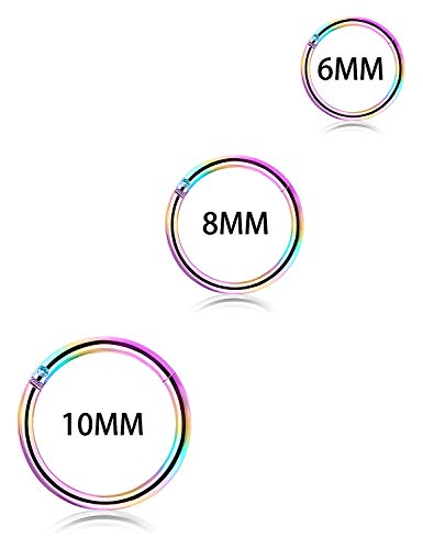 SCERRING 18G Stainless Steel Hinged Clicker Segment Septum Nose Lip Ring Hoop Cartilage Tragus Sleeper Earrings Body Piercing Jewelry 6mm 8mm 10mm 6PCS - color: 3 Pairs - Rainbow