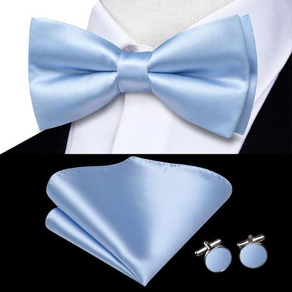 Hi-Tie 5Pcs Mens Solid Color Silk Tie Satin Pretied Bowtie Lapel Pin for Men Handkerchief Cufflink Wedding Gift Box - color: Baby Blue