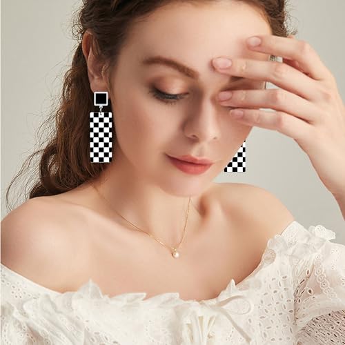 KaFu Checkerboard Earrings for Women 70s 80s Retro Acrylic Black White Striped Checkered Geometric Dangle Earrings Resin Rectangle Earrings Statement Jewelry - color: style-1