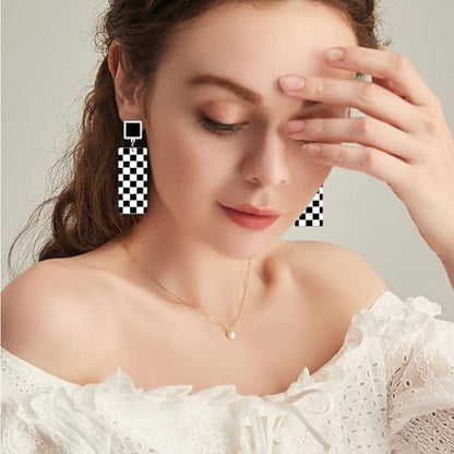 KaFu Checkerboard Earrings for Women 70s 80s Retro Acrylic Black White Striped Checkered Geometric Dangle Earrings Resin Rectangle Earrings Statement Jewelry - color: style-1