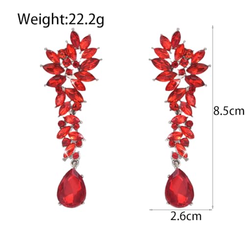 Silver Rhinestone Wedding Earrings for Women,Silver Sparkling Crystal Chandelier Earrings,Formal Cocktail Prom Teardrop Dangle Drop Statement Jewelry - color: Red
