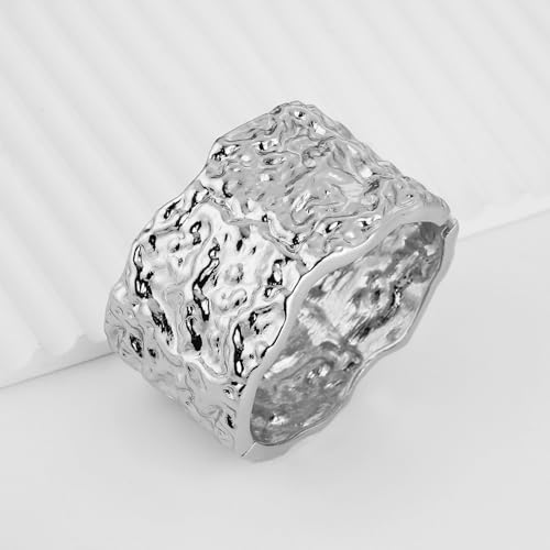 HZMAN Chunky Gold Cuff Bracelets for Women Thick Wide Bangle Bracelet Hammered Open Hinge Wrist Cuff Bracelet Jewelry Gift - color: 12.Meteorite Shaped Silver 7In