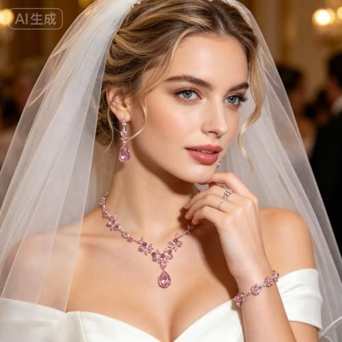 Kamirola Bridal Jewelry Set, Jewelry Set for Women, Necklace Dangle Earrings Bracelet Set, White Gold Plated (TR76) - color: Silver Pink