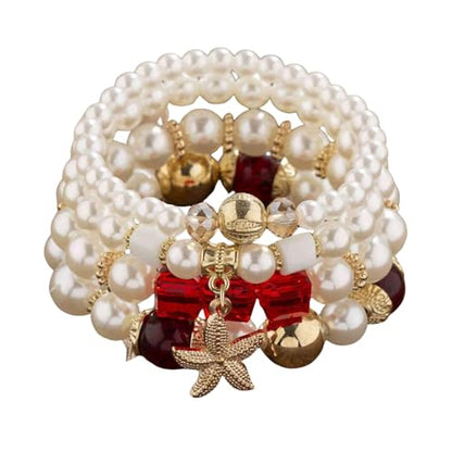 Bohemian Pearl Bracelet Set, 4 Piece Elastic Stretch Beaded Wrist Chain with Starfish Pendant, Boho Faux Pearl Multi-Color Stackable Bracelets for Women - color: Red