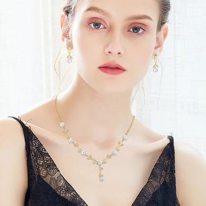 Jewelry Set for Women, Necklace Dangle Earrings Bracelet Set with White AAA Cubic Zirconia, Allergy Free Wedding Party Jewelry for Bridal Bridesmaid - color: Necklace+Braclelet+Earrings-pearl style gold
