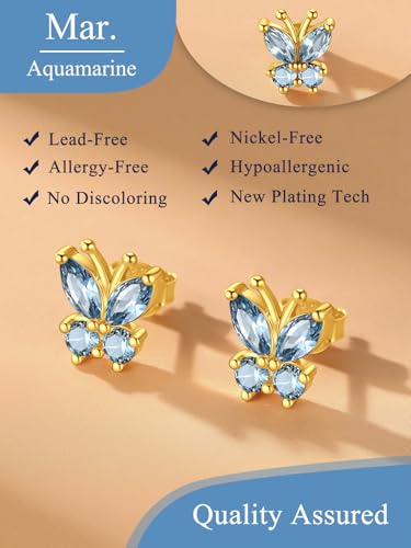 Suplight Butterfly Stud Earrings 925 Sterling Silver 14K Gold Brithstone Earrings for Women Brithstone Jewelry Gifts - color: 03.March( Aquamarine), size: Gold
