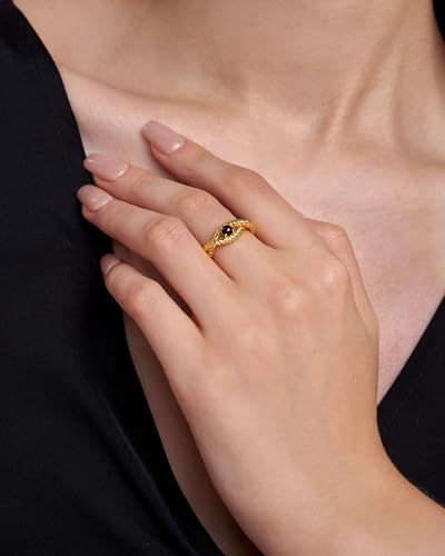 SNGIA 18K Gold Plated Adjustable Open Ring for Women Natural Stone CZ Statement Ring Tiger Eye Emerald Ruby Lapis Black Onyx Turquoise Evil Eye Boho Stackable Cocktail Ring Birthday Gift Jewelry - style: Onyx