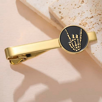 Dreamtimes Rock Skull Hand Tie Clip Halloween Shirt Tie Clips Figurine Sign Language Tie Clip Rock On Hand Gesture Stainless Steel Novelty Tie Accessory for Men - style: Style 2-G