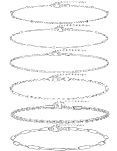 6PCS Ankle Bracelets for Women18K Gold Plated Stainless Steel Waterproof Layered Herringbone Figaro Bead Paperclip Rope Tennis Box Cuban Link Rolo Satellite Chain Anklets Set Gold Tone - style: D:Silver2