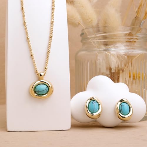 Jean Beau Gold Stone Pendant Necklaces for Women, Chunky Gemstone Dangle Necklace Wedding Prom Fashion Jewelry Gift - color: Turquoise Blue