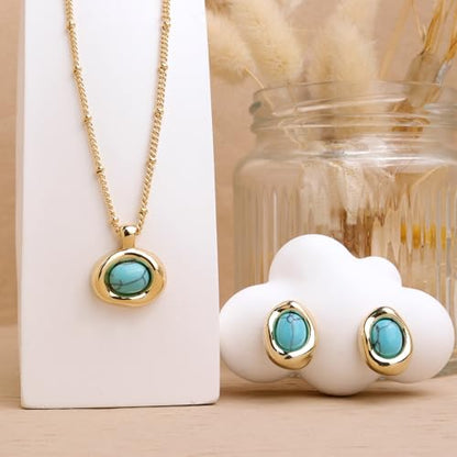 Jean Beau Gold Stone Pendant Necklaces for Women, Chunky Gemstone Dangle Necklace Wedding Prom Fashion Jewelry Gift - color: Turquoise Blue