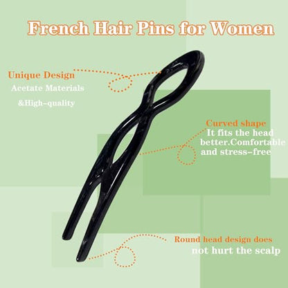 4 PCS French Hair Pins for Women Lialys Prestige Hair Pins for Buns, Updos & French Twist Hair Tool, Acetate Hair Pins Ideal for Thin & Thick Hair - color: black witer