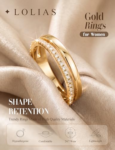 LOLIAS 14K Gold Plated Rings for Women Engagement Eternity Wedding Bands | Non Tarnish Love Promise Rings for Her Cubic Zirconia Stackable Rings for Women Statement Thumb Rings Stacking Size 6-10 - style: Dual Stacking Rings-14K Gold Plated
