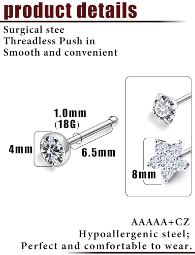 Prjndjw 20G Big Nose Stud Large Nose Studs Surgical Stainless Steel Straight Nose Studs 4mm CZ Paved CZ Nose Rings with 6-CZ Flower Ring for Women Men 11 Pieces - color: 4mm CZ Big 18G Silver Straight Nose Stud