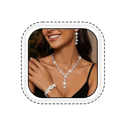 Silver Wedding Jewelry Sets Rhinestone Necklace Earrings Bracelet Set Prom Formal Costume Jewelry for Women and Brides - color: Silver
