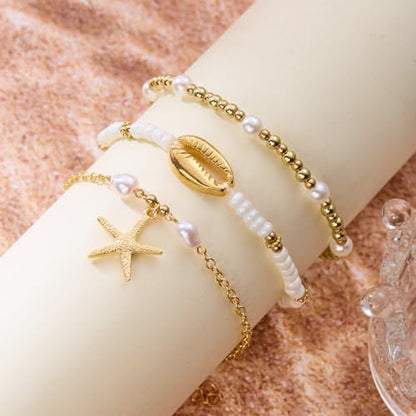 Beaded Starfish Mermaid Anklets Bracelet for Women Waterproof Starfish Shell Pearl Anklet Stackable Stretch Beaded Anklets Hawaiian Beach Jewelry Mermaid Costume Outfits Accessories - style: Beaded Starfish