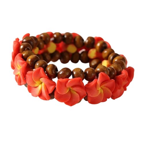 Hawaiian Plumeria Rubra Wooden Beaded Bracelet for Women Boho Polymer Clay Plumeria Flower Stretch Bracelet Summer Beach Jewelry - color: Red