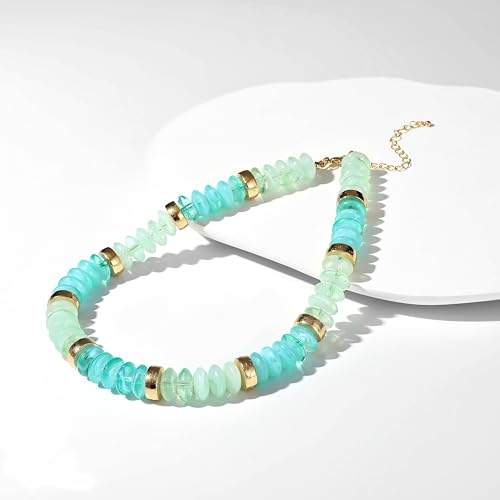 RISHEGAE Chunky Beaded Necklace for Women Boho Resin Beaded Choker Necklace Adjustable Surfer Beach Strand Necklaces Gold Handmade Acrylic Beads Jewelry Gift for Women - color: Style 1cyan