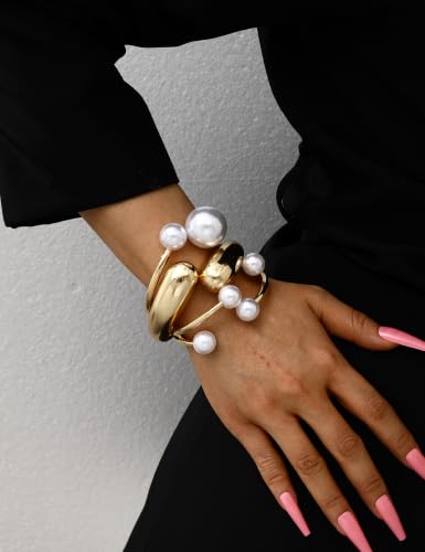 Chunky Gold Bangle Bracelets for Women, Dainty 14k Gold Plated Big Stackable Bangles Set, Trendy Statement Cuff Bracelet Stack Fashion Jewelry Gifts - style: 3 Big pearl bangles