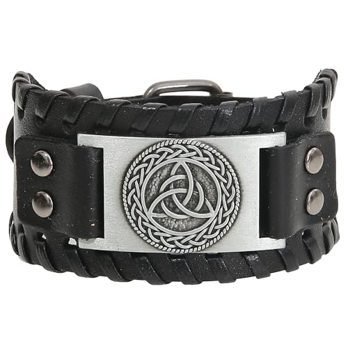 GelConnie Viking Bracelet Punk Leather Cuff Bracelet Gothic Leather Wristband Bracelet with Nordic Amulet Scandinavian Talisman Celtic Pagan Jewelry - color: Silver Black