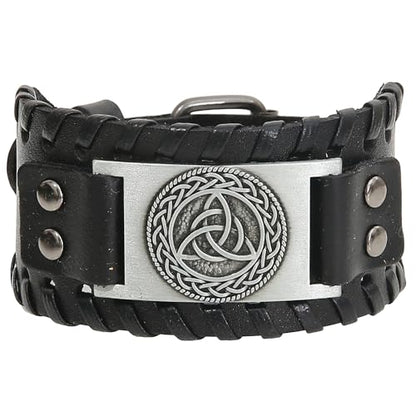 GelConnie Viking Bracelet Punk Leather Cuff Bracelet Gothic Leather Wristband Bracelet with Nordic Amulet Scandinavian Talisman Celtic Pagan Jewelry - color: Silver Black