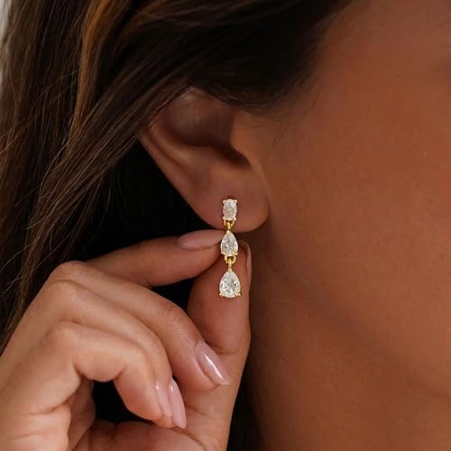 Dangle Earrings for Women, Dainty Teardrop Drop Earrings 14K CZ Flower Gold Earrings for Women Trendy Bridal Earring Set Hypoallergenic Stud Dangly Earring Stack Wedding Prom Fashion Jewelry - color: 3cz drop earrings