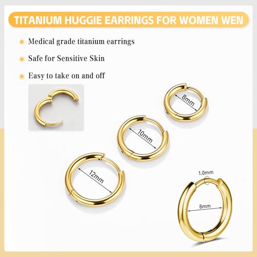 AOEDEJ G23 Titanium Black/Steel Gray/Gold Hoop Earrings 18G Small Huggie Hoop Earrings 8mm/10mm/12mm Cartilage for Sensitive Ears for Multiple Piercing Cartilage Hoop Earring Stack Jewelry - style: Circle-GD-10mm