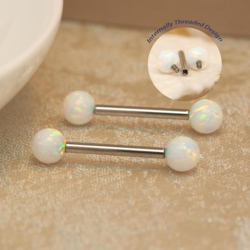 FUNLMO 1 Pair Nipple Piercing Jewelry Titanium Nipple Rings Internally Threaded Tongue Rings Bridge Piercing Jewelry Opal Nipple Barbells - color: Silver, White Opal Ball