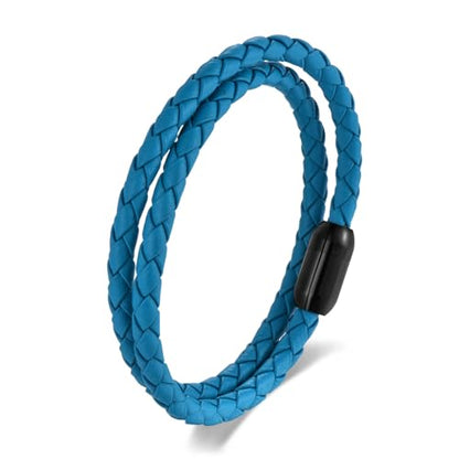 Braided Leather Bracelet，Double Wrap Bracelet with Black Stainless Steel Clasp, Two- way of Wearing as Mens Bracelet or Womens Choker Necklace, Urban and Minimalist Style - color: Aqua Blue