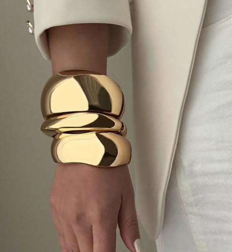 Chunky Gold Bangle Bracelets for Women, Dainty 14k Gold Plated Big Stackable Bangles Set, Trendy Statement Cuff Bracelet Stack Fashion Jewelry Gifts - style: A5-gold