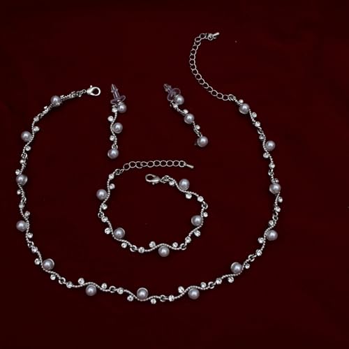 Bridal Pearl Choker Necklace Earrings Bracelet Wedding Crystal Jewelry Set for Women Brides Bridesmaid Prom - color: White-Platinum Plated