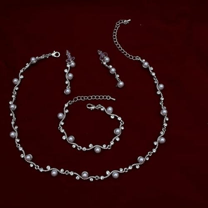 Bridal Pearl Choker Necklace Earrings Bracelet Wedding Crystal Jewelry Set for Women Brides Bridesmaid Prom - color: White-Platinum Plated