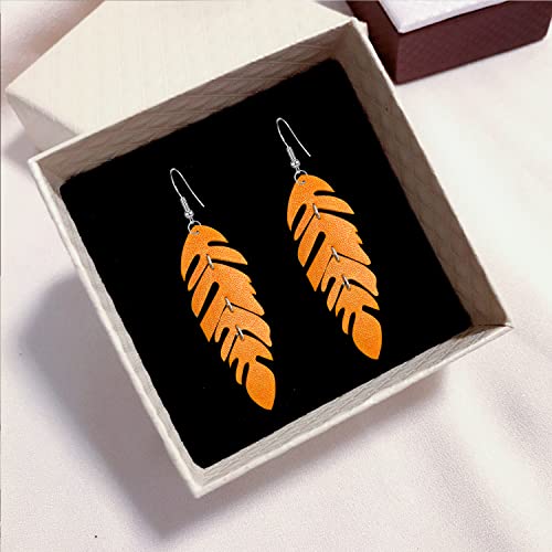 Handmade Unique Lightweight Bohemian Genuine Leather Leaf Dangle Drop Earrings Dainty Sparkly Chain Feather Hook Earring for Women Statement - color: Orange