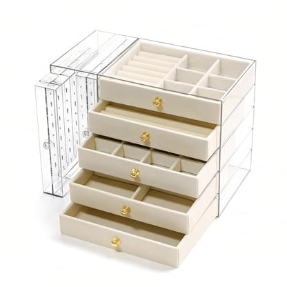 beige Jewelry Box Organizer, Transparent Acrylic Case with Velvet-Lined 5 drawers and 2 side drawers, Versatile Compartments for Earrings, Rings, Necklaces, Bracelets - color: Beige