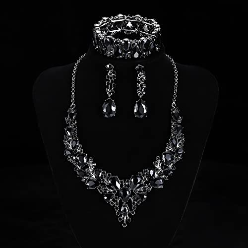 Rhinestone Bridal Jewelry Sets for Women Crystal Necklace Earrings Bracelet Set Silver-Tone Wedding Bridal Bridesmaid Gifts fit with Wedding Dress - color: C:3pcs-Black Tone Necklace + Earrings + Bracelet set