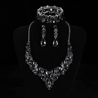 Rhinestone Bridal Jewelry Sets for Women Crystal Necklace Earrings Bracelet Set Silver-Tone Wedding Bridal Bridesmaid Gifts fit with Wedding Dress - color: C:3pcs-Black Tone Necklace + Earrings + Bracelet set