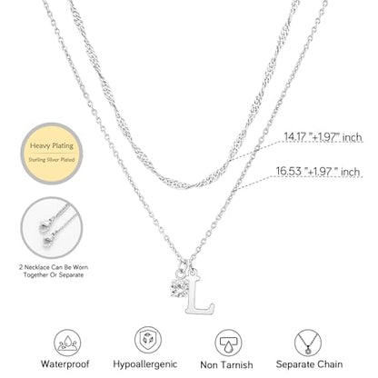 Sterling Silver Initial Necklaces for Women Girls Dainty Letter Necklace Stack Non Tarnish Silver Layered Necklaces Simple Chain CZ Diamond Pendant Necklaces Stacked A-Z Name Personalized Trendy Jewelry Gift - style: L