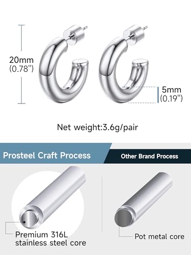 PROSTEEL Chunky Hoop Earrings for Women 14K Gold Plated/Black/Silver | 20/30/40/50/60/70/80mm Stainless Steel Thick Big Round Hoop with Waterproof and Non Tarnish Trendy Jewelry with Gift Box - color: 2. Silver, size: 20MM