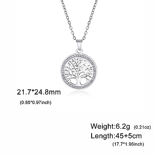 Dreamtimes Tree of Life Necklace for Women Stainless Steel Gold Color Clear Zircon Round Pendant Neck Chains Family Tree Fashion Charm Luxury Jewelry Wedding Gift - color: SILVER