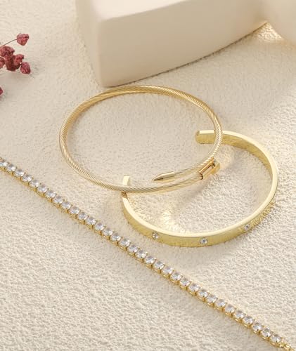 ZOERAY Silver Gold Bangle Bracelets for Women Non Tarnish 14k Gold Plated Stackable Cuff Bracelets for Women Trendy Cubic Zirconia Stainless Steel Chunky Bracelet Stack Set Waterproof Jewelry Gifts - color: B.Tennis-Gold