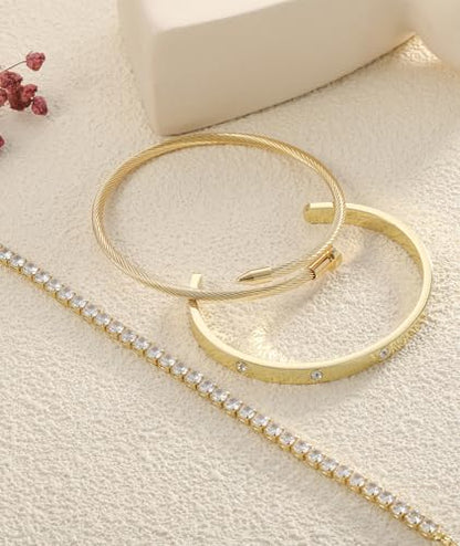 ZOERAY Silver Gold Bangle Bracelets for Women Non Tarnish 14k Gold Plated Stackable Cuff Bracelets for Women Trendy Cubic Zirconia Stainless Steel Chunky Bracelet Stack Set Waterproof Jewelry Gifts - color: B.Tennis-Gold