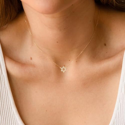 Dainty Gold Necklace: 14k Gold Plated Dianty Boots Bow Sun Moon Horse Evil Eye Conch Seahorse Necklace for Women 16.5"+2" - color: Star of David