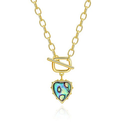 Aobei Pearl 18K Gold Plated Moon Star Lion Evil Eye Love Heart Cross Pendant Necklace Medallion Paperclip Chian Choker Layering Jewery for Women - color: Blue-green Abalone Shell