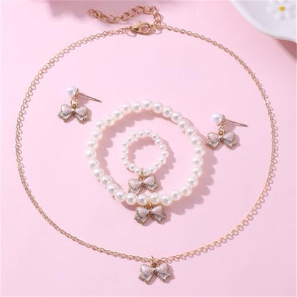 MALOYANVE 4PCS Bow Necklace Earrings Bracelet Ring Set for Women Elegant Bowknot - Adorned Pearl Jewelry Silk Ribbon Necklace Bracelet and Earrings for Christmas - style: Pink Bow