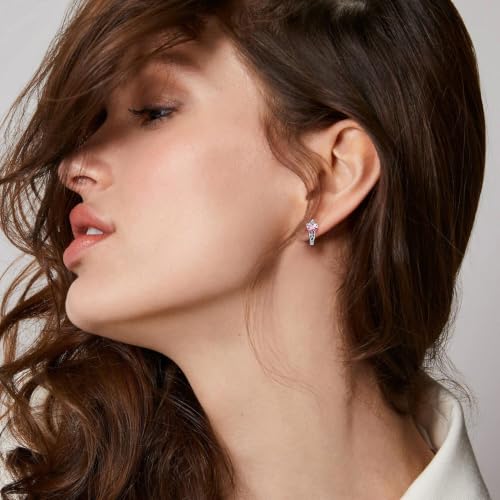 Bestyle 925 Sterling Silver Huggie Hoop Earrings Small Birthstone Hoop Earrings for Women Hypoallergenic Silver Huggie Earring,Great Birthday Earrings Gift for Daughter Wife Mom - color: 10-Pink Tourmaline-Hoop