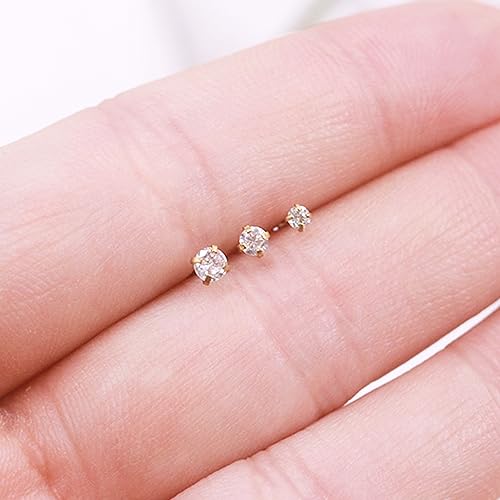 3 Pcs 14K Gold Filled Nose Studs 20G Stainless Steel Stud Nose Ring 2mm/2.5mm/3mm Round CZ L Bend Nose Stud Hypoallergenic Nose Piercing - color: gold L