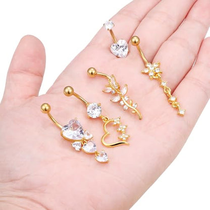 Vsnnsns 14G Dangle Belly Button Ring Piercing Jewelry 316L Stainless Surgical Steel Navel Rings Cubic Zirconia Heart Flower CZ Dangling Belly Button Ring Piercing Jewelry for Women 14 Gauge - color: Gold-Clear CZ